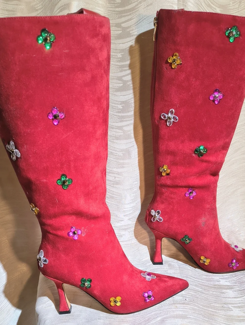 NWT Women’s Red Faux Suede Knee Stiletto Boots 6.5M, Embellished With Gems